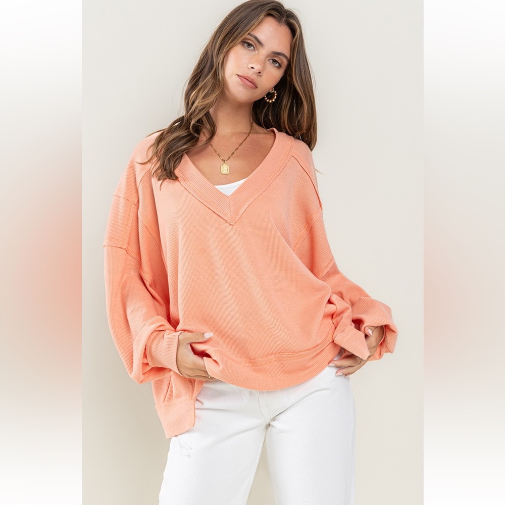 ShopEvelynne Peach V-Neck Sweater